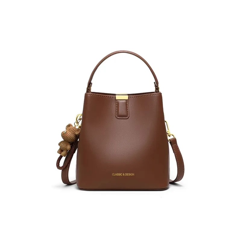 PESASRIE Cow Leather Bucket Bags Shoulder Bag Crossbody Bag Handbag Regular Women's Milkshake White/Caramel Brown-3