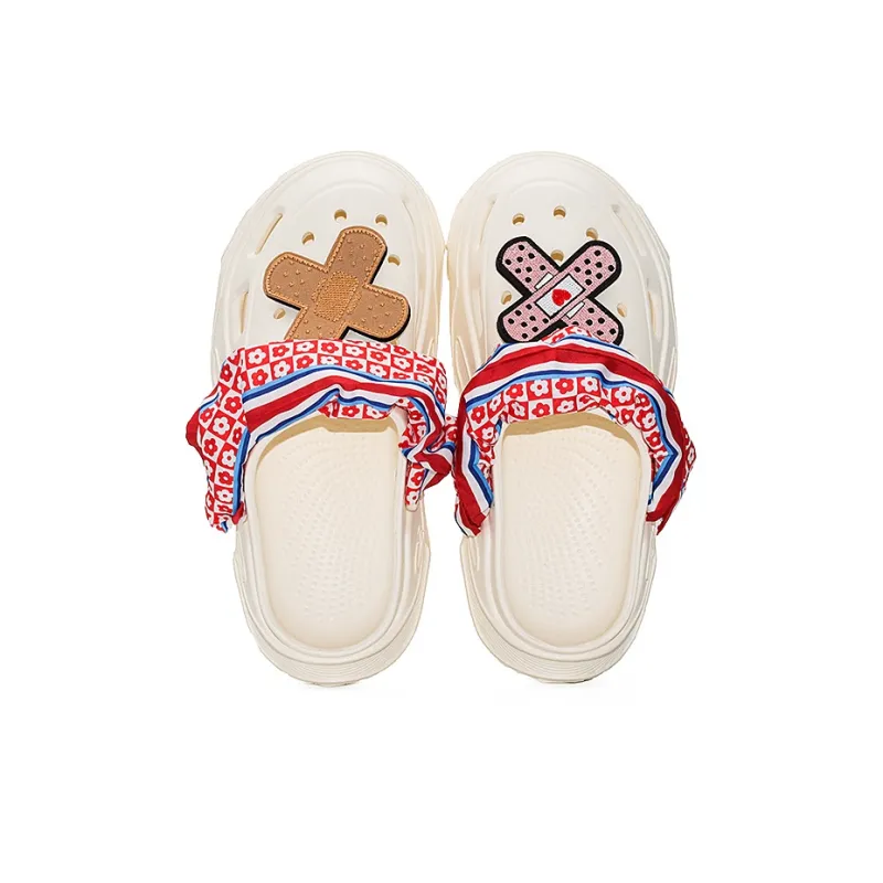 OUBT Floral Fabric Wrap, Cross Bandage Clogs Unisex Ecru-4