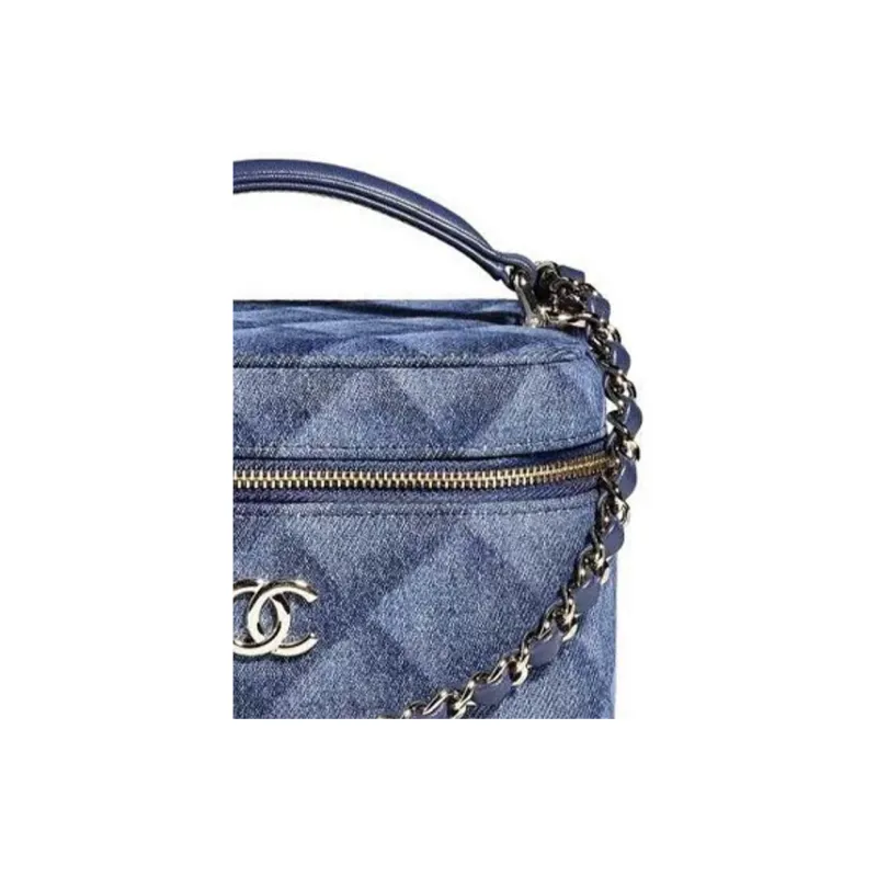 CHANEL Denim With Gold Metal Camera Bag Makeup Bag Handbag Shoulder Bag Crossbody Bag Small Size Women's Denim Blue-2