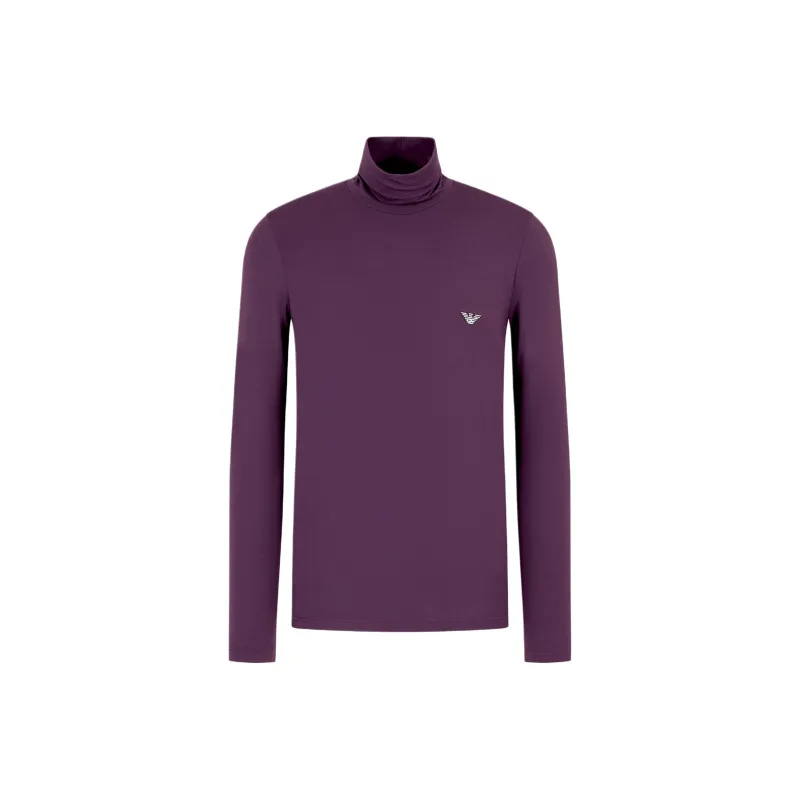 EMPORIO ARMANI Logo Embroidery Collar Slim Fit Long Sleeved Polo Shirt T Shirt Men's Dark Reddish Purple-0