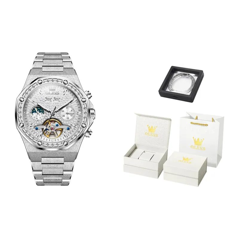 OLEVS Play The Cool Series Mechanical Movement Stainless Steel Watchband Watch Men's Watches Silver Dial-0