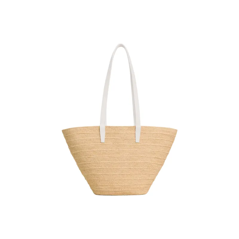 CELINE Classic Panier Series Raffia Shoulder Bag Medium Size Women's Beige & White-3