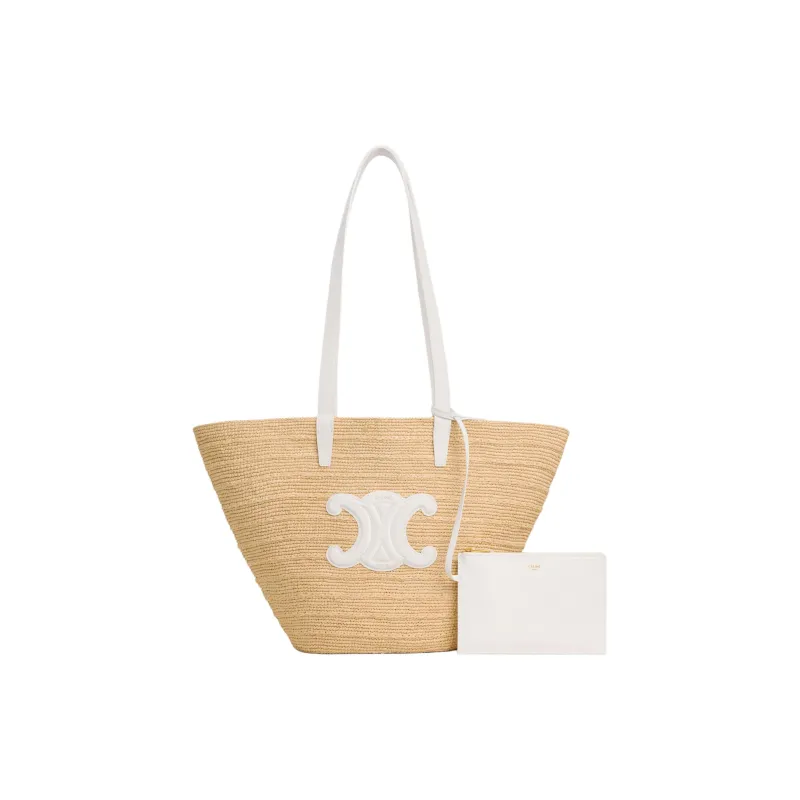 CELINE Classic Panier Series Raffia Shoulder Bag Medium Size Women's Beige & White-1
