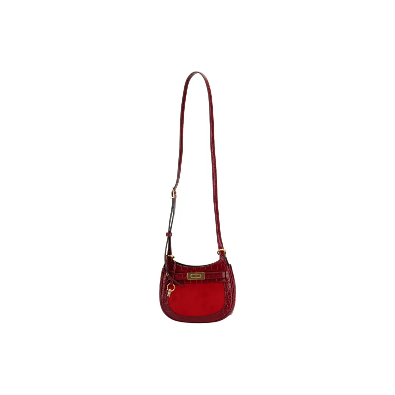 TORY BURCH Lee Radziwill Leather Suede Bonded Saddle Bag Crossbody Shoulder Bag Women's Deep Red-0