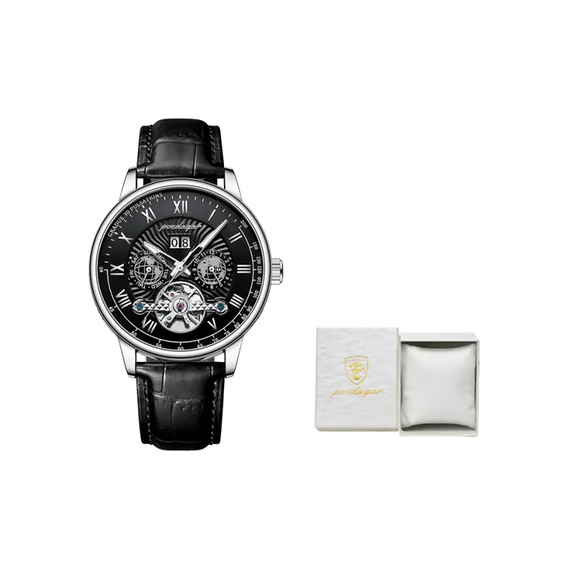 POEDAGAR Automatic Mechanical Movement Leather Strap Watch Men's Watches Gold Dial-16