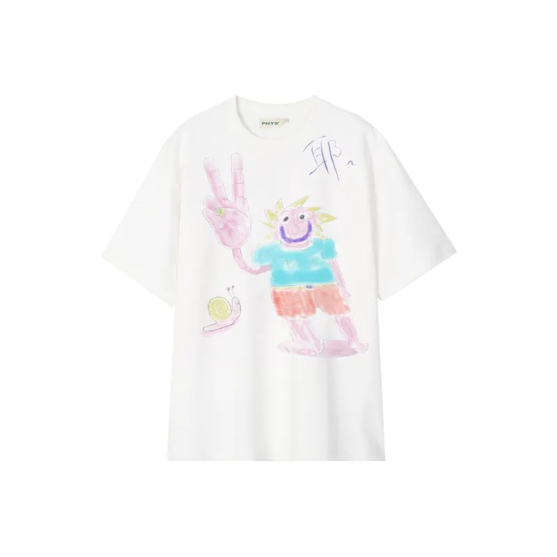 WULISHAONIAN Casual Graffiti Peace Gesture Print Crew Neck Short Sleeved Loose Fit Unisex White-0