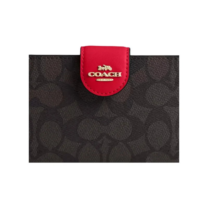 COACH SignatureCanvas High Quality Leather Wallet Medium Size Women's Walnut Wood & Red-3