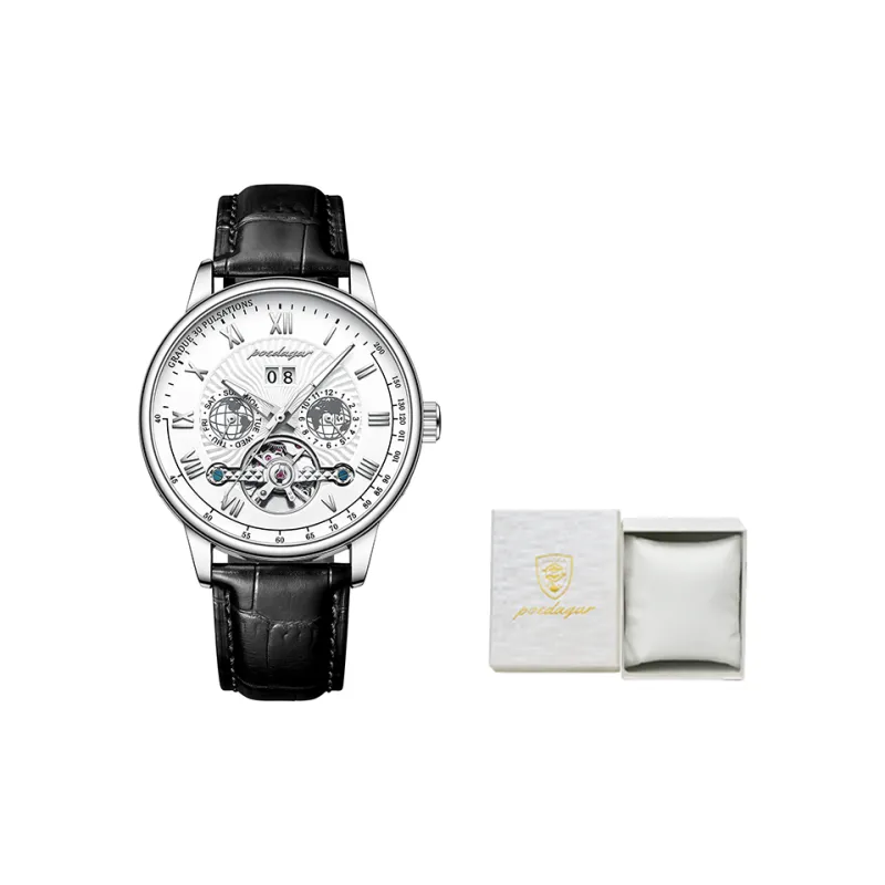 POEDAGAR Automatic Mechanical Movement Leather Strap Watch Men's Watches Gold Dial-11
