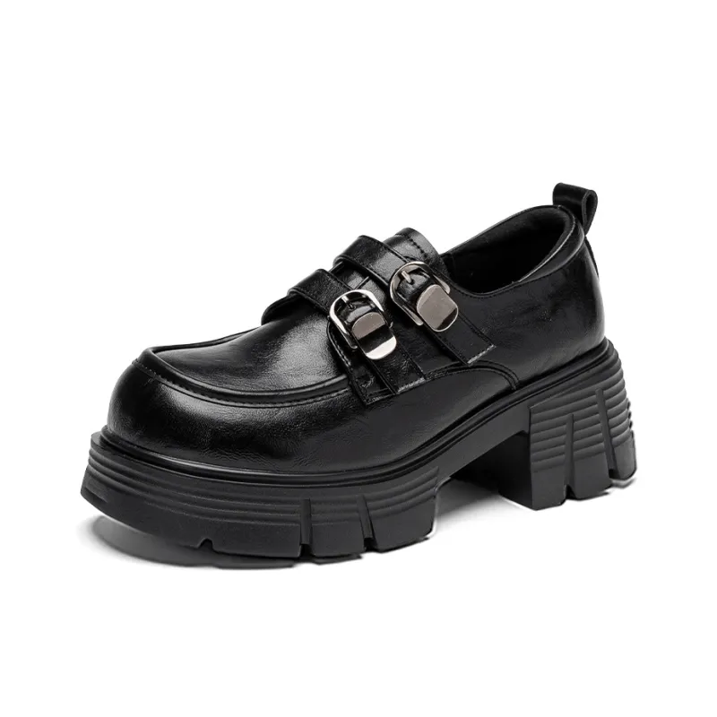 EXULL Q Vintage Small Leather Shoes Chunky Heel High Heels Women's Black-1