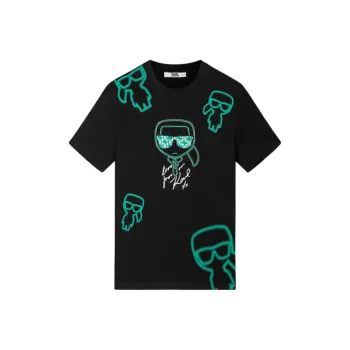 KARL LAGERFELD Cartoon Character Bead Print Crew Neck Straight Fit Short Sleeved T Shirt T Shirt Men's Black