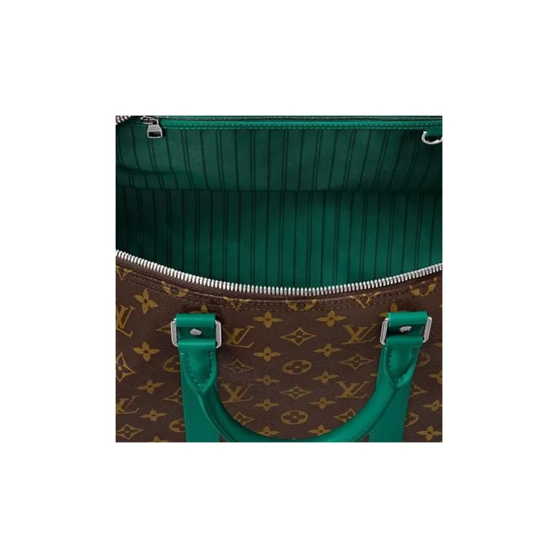 LOUIS VUITTON Leather Trim One Shoulder Crossbody Portable Travel Bag Men's Green & Brown-3