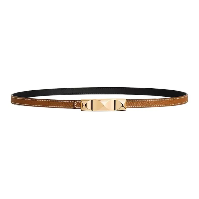 HERMES Calfskin, Metal, Gold Plated Leather Belts Women's Black Width 1.3CM-1