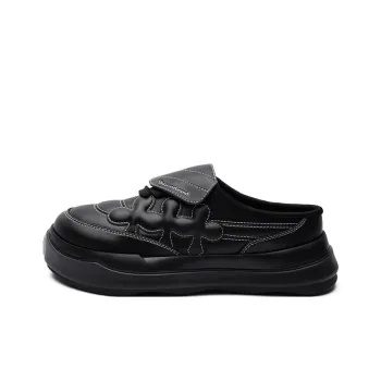SHOOT BRAND Rubber Sole Leather Patchwork Abrasion Resistant Slip Resistant Wrap toe Slippers Unisex Black