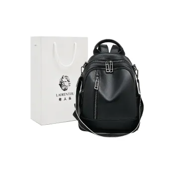 Old Man's Head Cow Leather Patchwork Synthetic Leather Backpack Women's Black/Elephant Gray