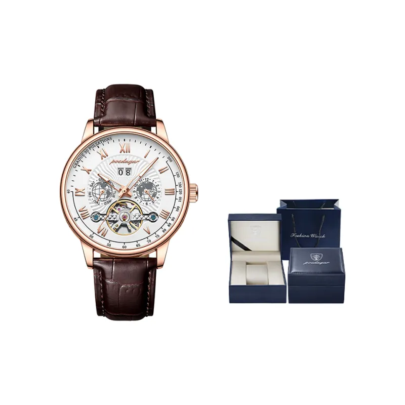 POEDAGAR Automatic Mechanical Movement Leather Strap Watch Men's Watches Gold Dial-20