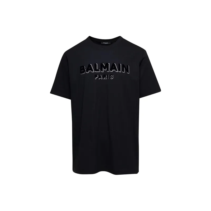 BALMAIN Logo Flock Crewneck T Shirt-0