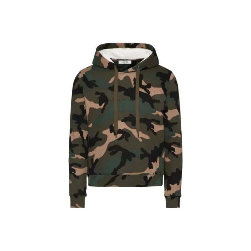 Valentino Logo Embossed Camouflage Drawstring Hoodie-0