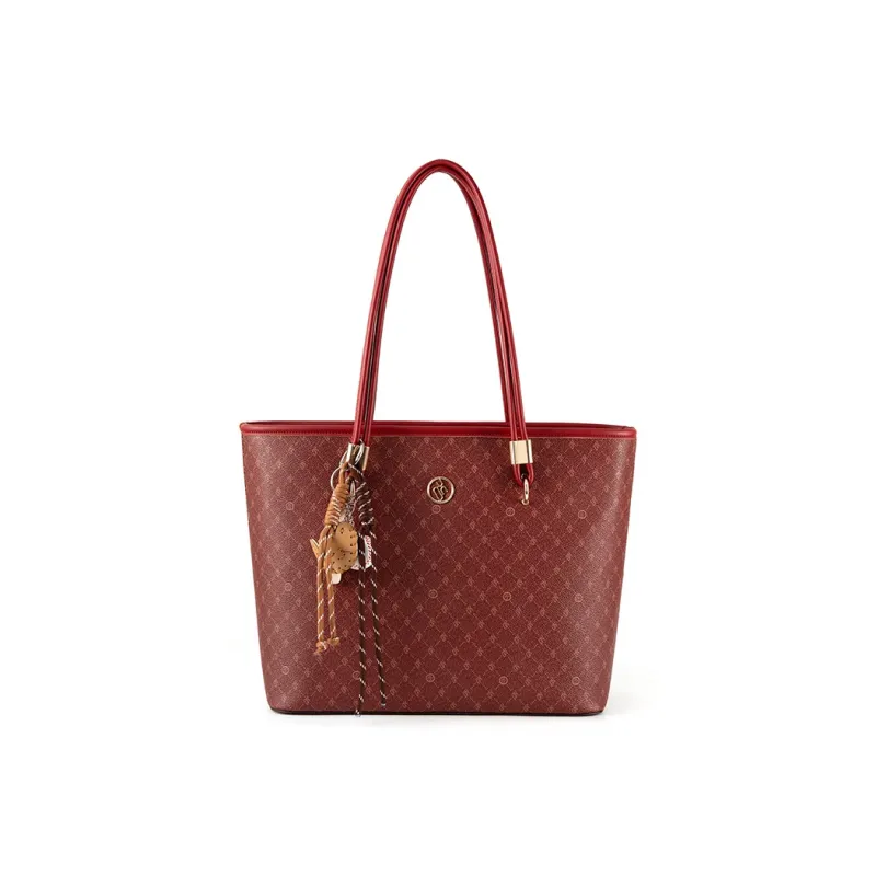 Vigno Synthetic Leather Shopping Bag, Shoulder Bag Regular Women's Khaki/Red-6