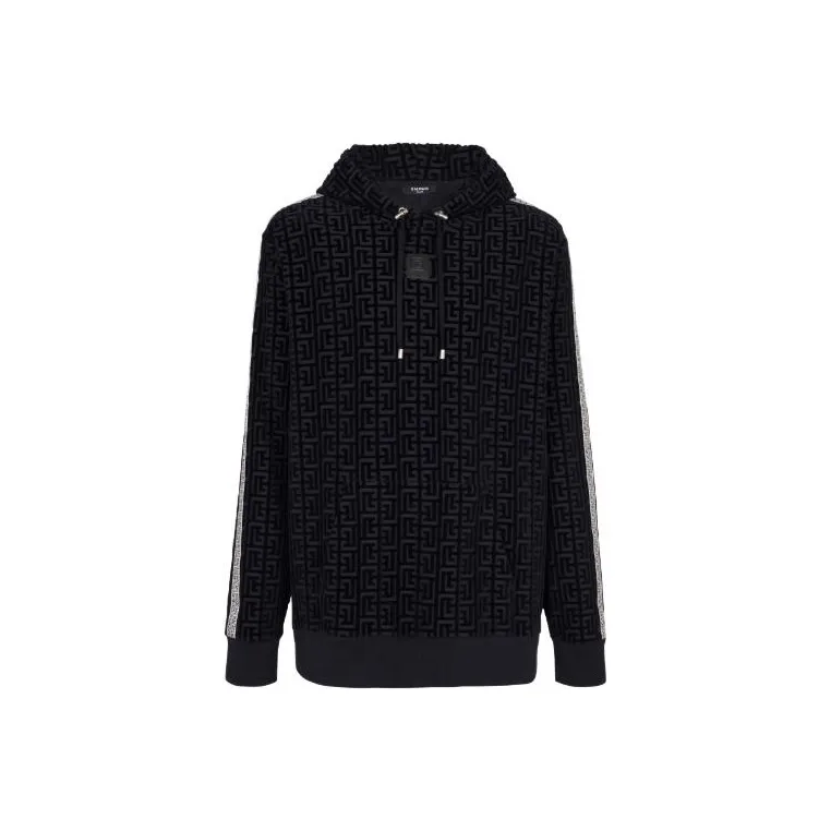 BALMAIN Monogrammed Velvet Hoodie-0
