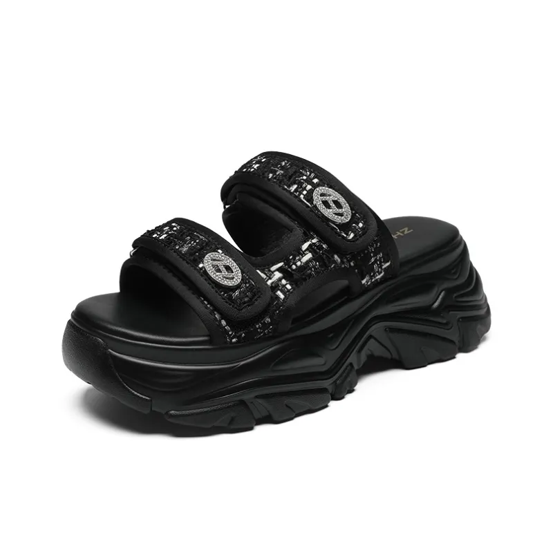 ZHR PU Polyurethane Leather Patchwork With Rhinestones Quiet Odor Resistant Slide Slippers Women's-4