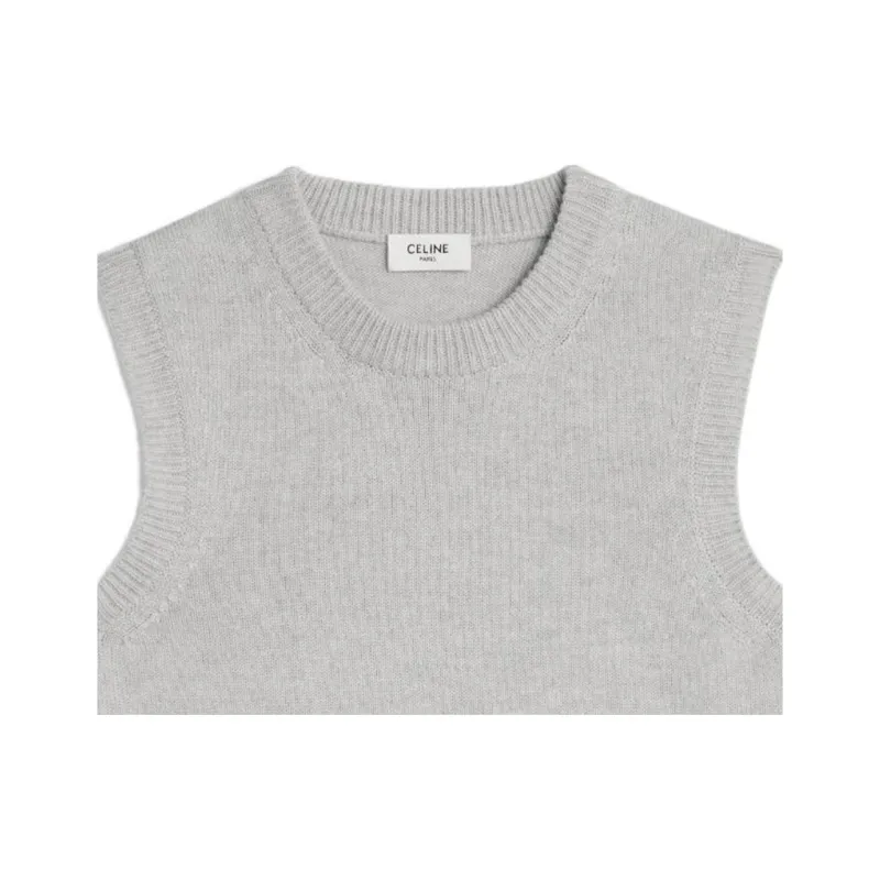 CELINE Cashmere Round Neck Vest Tank Tops Women's Gray-2