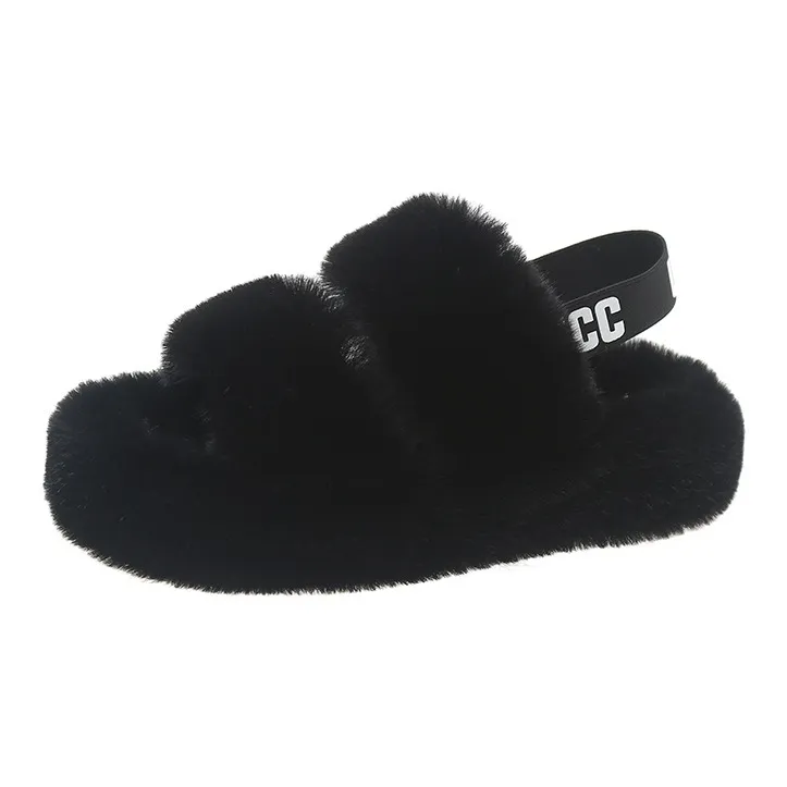 ECAC Fall Winter Fuzzy Platform Insulated Shoes With Rear Strap For Home Use-2