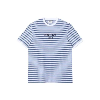 BALLY Logo Alphanumeric Stripes Print Casual Crew Neck Short Sleeved T Shirt T Shirt Men's Blue