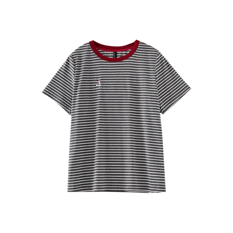 OUNIXUE T Shirt Women's Gray White Stripes-0