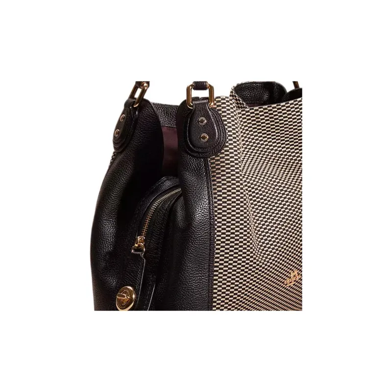 COACH Edie Jacquard With Leather Tote Bag Shopping Bag One Shoulder Handbag Large Size Women's Light Gold/Black-2