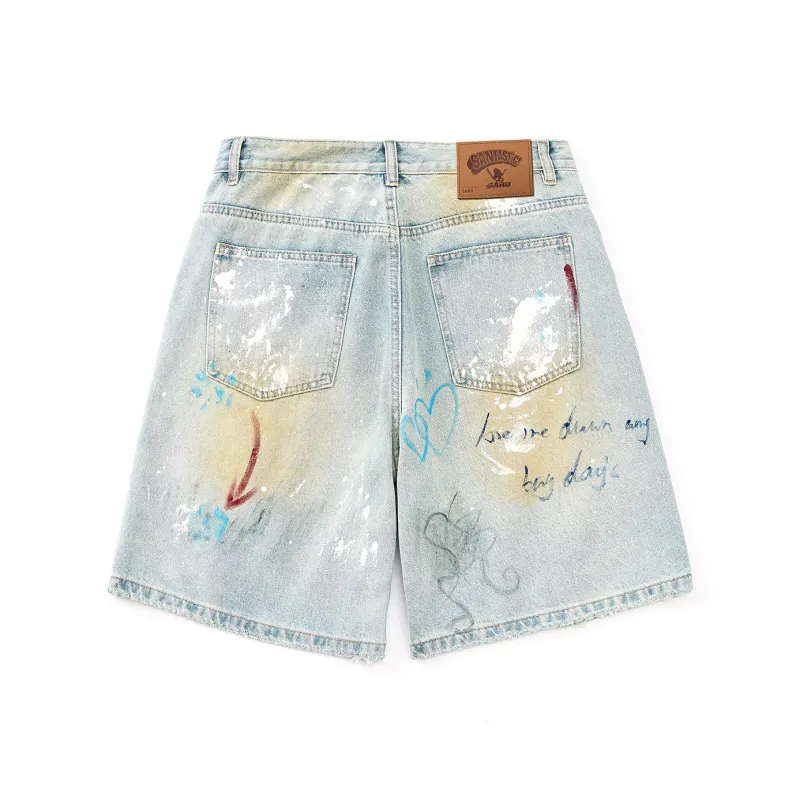 SANTASTIC Denim Shorts Unisex Light Blue Graffiti-1