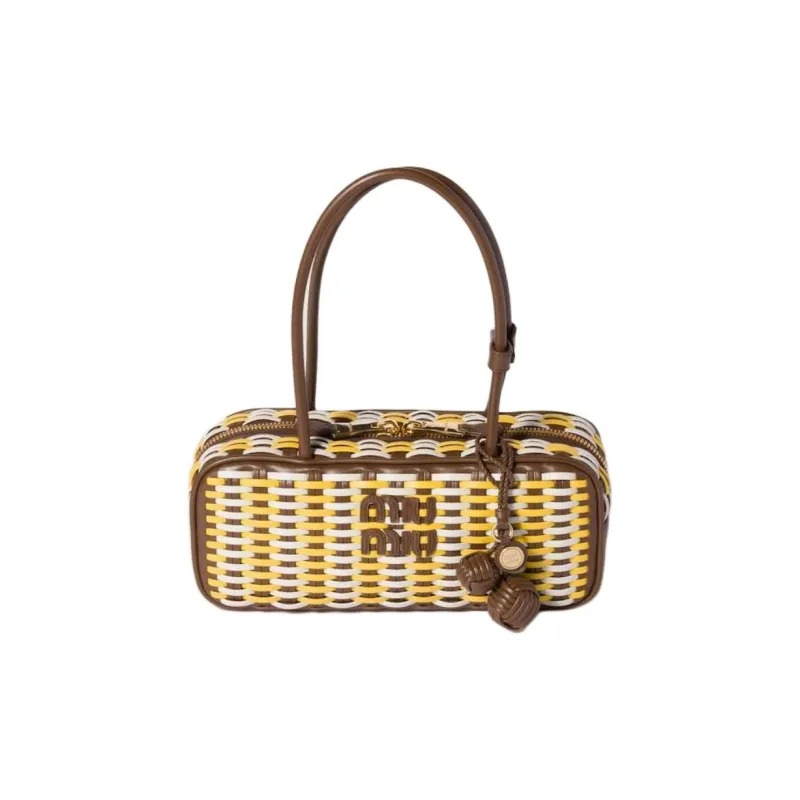 MIU MIU Beau Calfskin Shoulder Bag Women's Yellow & Brown-0
