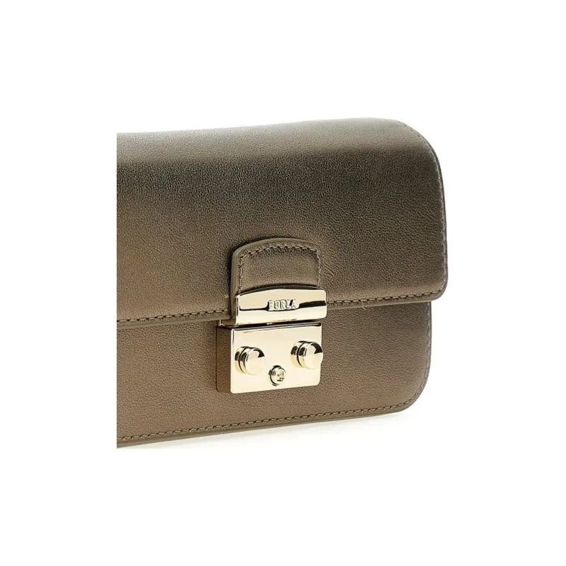 Furla Metropolis Collection Smooth Metal Calfskin Handheld Crossbody Bag Mini Women's Brown-3