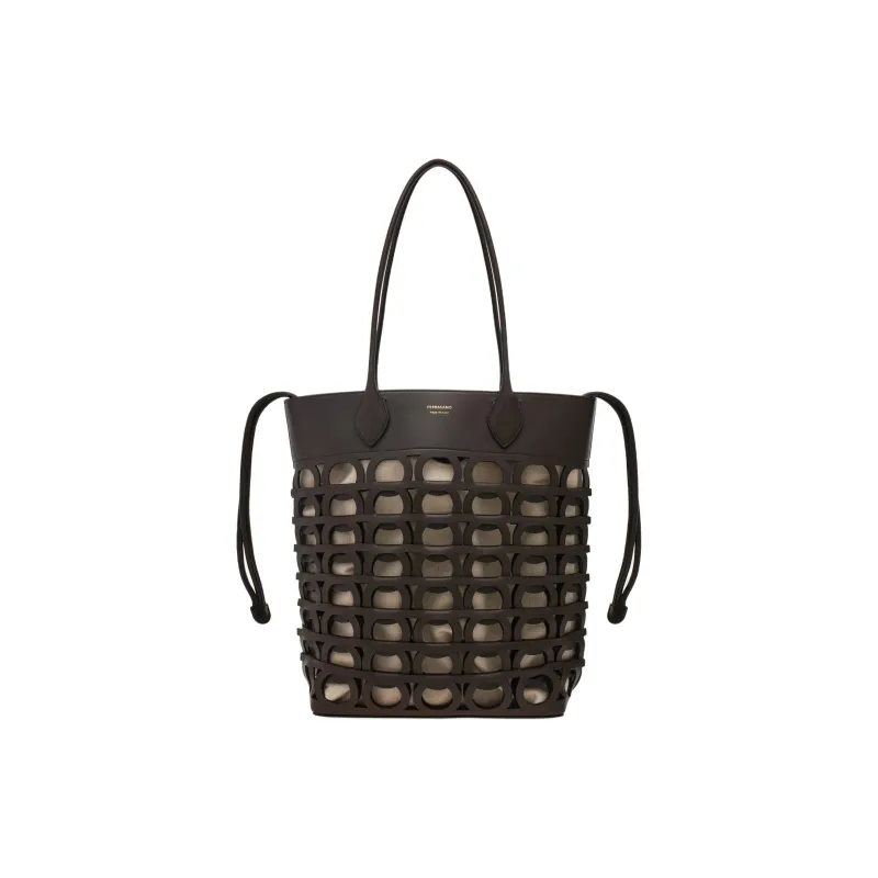 FERRAGAMO GANCINI Cow Leather Tote Bag, Shopping Bag, Shoulder Bag Small Size Women's Black-0