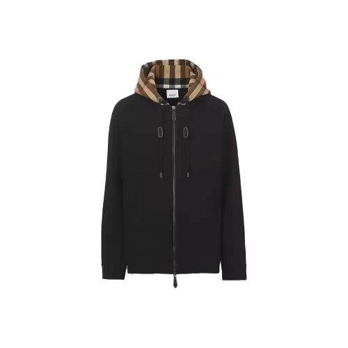 Burberry Check Hood Cotton Blend Zip Front Hooded Top
