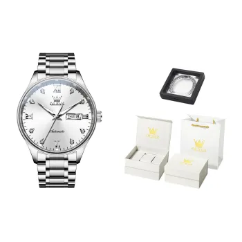 OLEVS Double Calendar Cut Out Mechanical Movement Stainless Steel Watchband Watch Men's Watches Black Dial