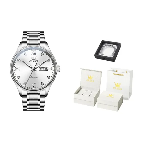 OLEVS Double Calendar Cut Out Mechanical Movement Stainless Steel Watchband Watch Men's Watches Black Dial