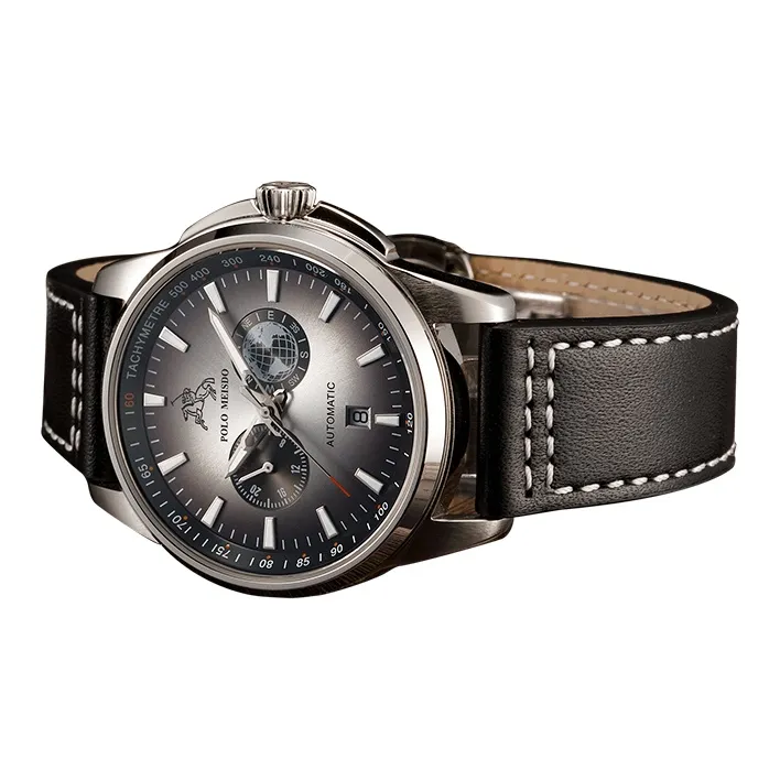 POLOMEISDO POLO Wrist Watch Automatic Mechanical Movement Cowhide Strap 41mm Gray Dial Men's Watches Wooden Box-3