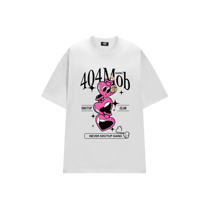 404MOB GANG Fun Cartoon Heart Letter Logo Print Loose Fit Casual Crew Neck Short Sleeved T Shirt T Shirt Unisex-0