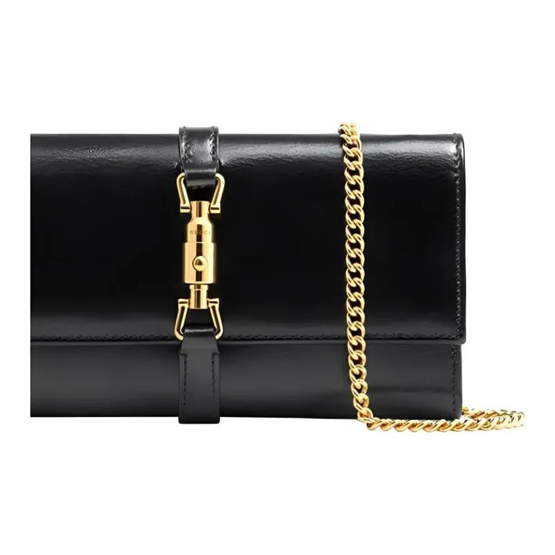 GUCCI Jackie 1961 Leather WOC Chain Bag Shoulder Bag, Crossbody Bag Trumpets Women's Black Gold-4