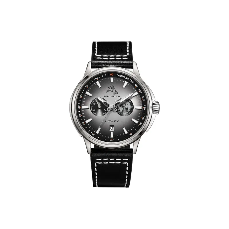 POLOMEISDO POLO Wrist Watch Automatic Mechanical Movement Cowhide Strap 41mm Gray Dial Men's Watches Wooden Box-0