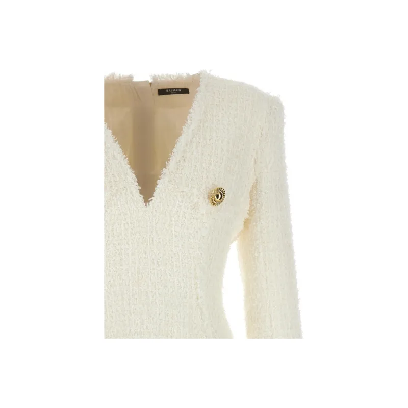 BALMAIN Long Sleeved Button-Detailed Tweed Dress-6