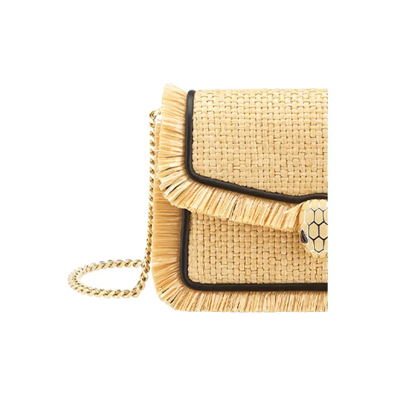 BVLGARI Serpenti Diamond Blast Raffia Patchwork Cow Leather Crossbody Bag Shoulder Bag Mini Unisex Beige Black-4