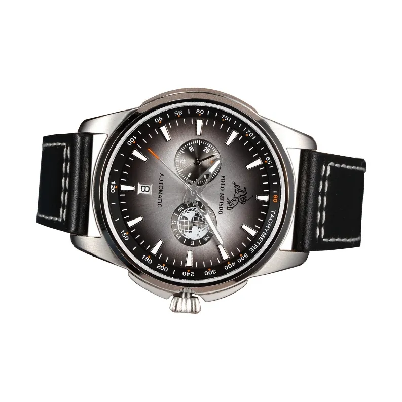 POLOMEISDO POLO Wrist Watch Automatic Mechanical Movement Cowhide Strap 41mm Gray Dial Men's Watches Wooden Box-1