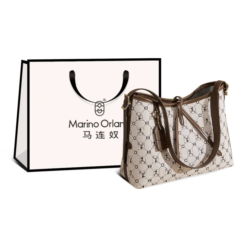 Marino Orlandi Synthetic Leather With PVC Tote Bag, Shopping Bag, Crossbody Bag, Shoulder Bag Women's Apricot/Coffee-6