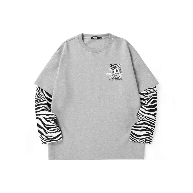 GENANX Crew Neck Loose Fit Mock Two Piece Sweatshirt Unisex Gray-0
