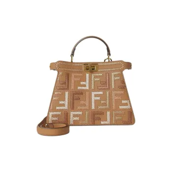 FENDI Peekaboo ISeeU Leather Crossbody Handbag Small Size Women's Cappuccino Color