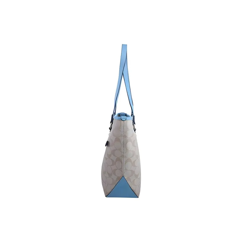 COACH Zip Top Tote Canvas With Leather Shoulder Bag Large Size Women's Light Khaki With Light Blue Accents-2