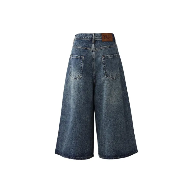 ZNZX Universal For All Seasons Casual Pants Loose Fit Women's Vintage Blue Calf Length-1