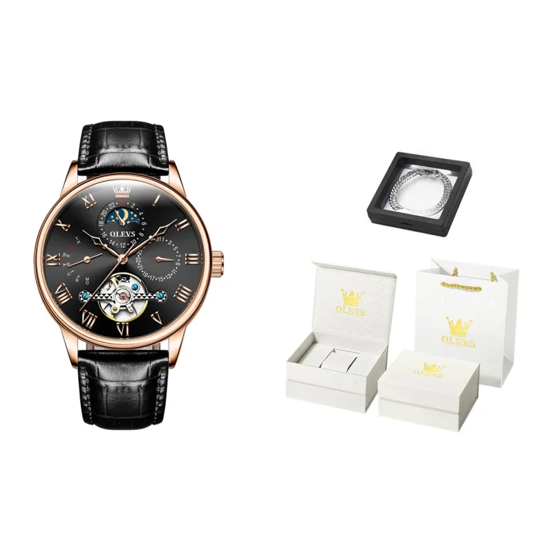 OLEVS Mechanical Movement Leather Watch Bands Watch Men's Watches White Dial-5