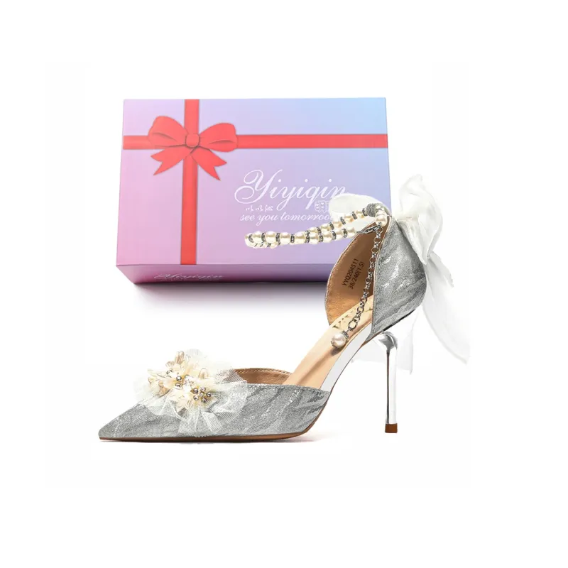 Take The Qin Slim Heel High Heels Women's Silver Gift Box Set-0